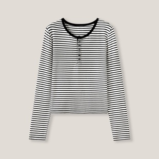 CC家居控 黑白条纹时尚 经典 SS26340 百搭字母扣长袖 T恤打底衫