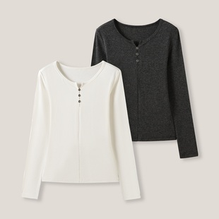 V领T恤打底衫 百搭三粒扣长袖 CC家居控 SS26345 纯色时尚