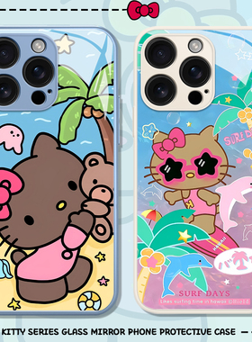 黑皮凯蒂猫适用苹果17promax手机壳HelloKitty夏季iphone16华为nova14多巴胺oppo沙滩vivo游泳iqoo一加13闺蜜