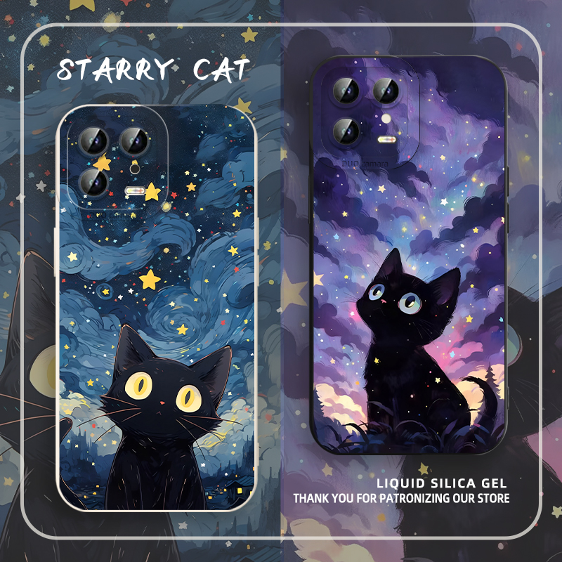 星空猫咪手机壳情侣梵高油画黑猫
