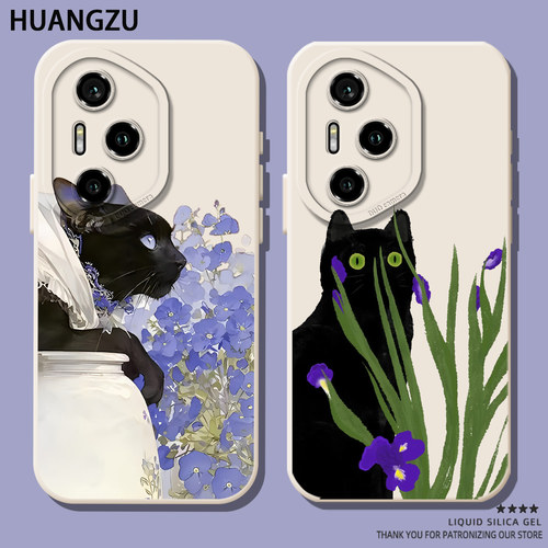 适用黑猫手机壳油画鸢尾花