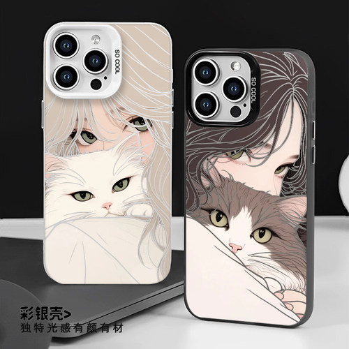 抱猫少女手机壳可爱卡通小众镂空