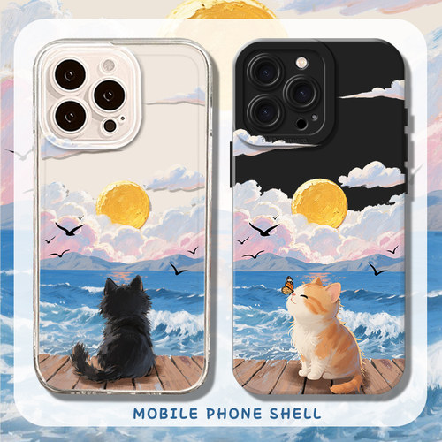 适用油画猫咪情侣手机壳看海橘猫