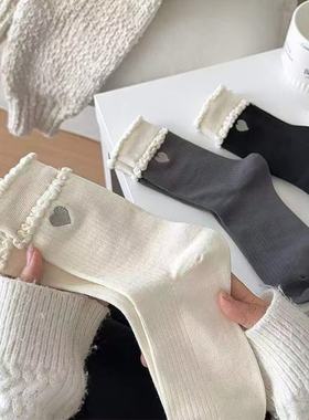春秋女袜双边花边爱心刺绣堆堆中筒袜拼接韩系原单温柔氛围感少女