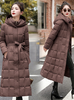 冬季新款时尚格纹羽绒棉服加长款修身收腰棉衣加厚百搭过膝外套女