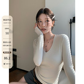 HAMYIHO 羊毛正肩T恤 保暖内搭上衣修身 白色双层磨毛打底衫 女冬季
