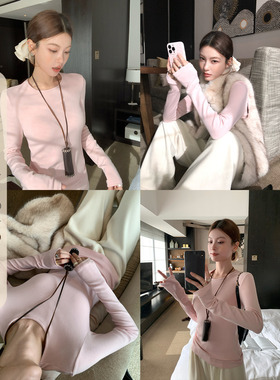 HAMYIHO 粉色圆领内搭磨毛加绒打底衫女保暖2026新款春季修身上衣