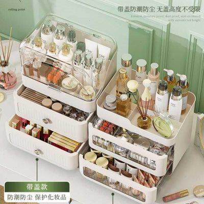 桌面化妆品收纳盒梳妆台护肤品f防尘置物架桌上抽屉式首饰整理箱