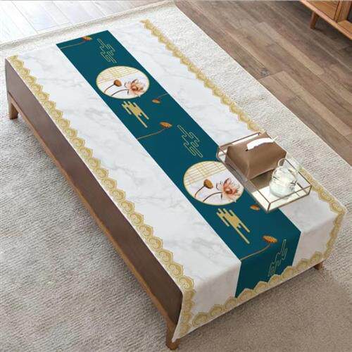 餐桌茶几桌布大理石黛蓝荷花防水防油防烫新中式田园风印花茶几垫