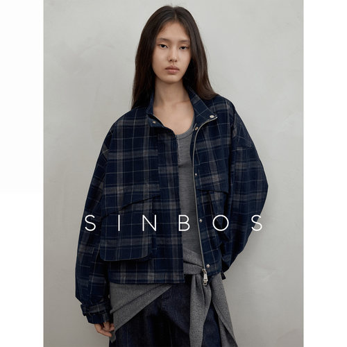 SINBOS巴黎画廊  工装风复古格纹短款女纯棉夹克外套2025秋季新款