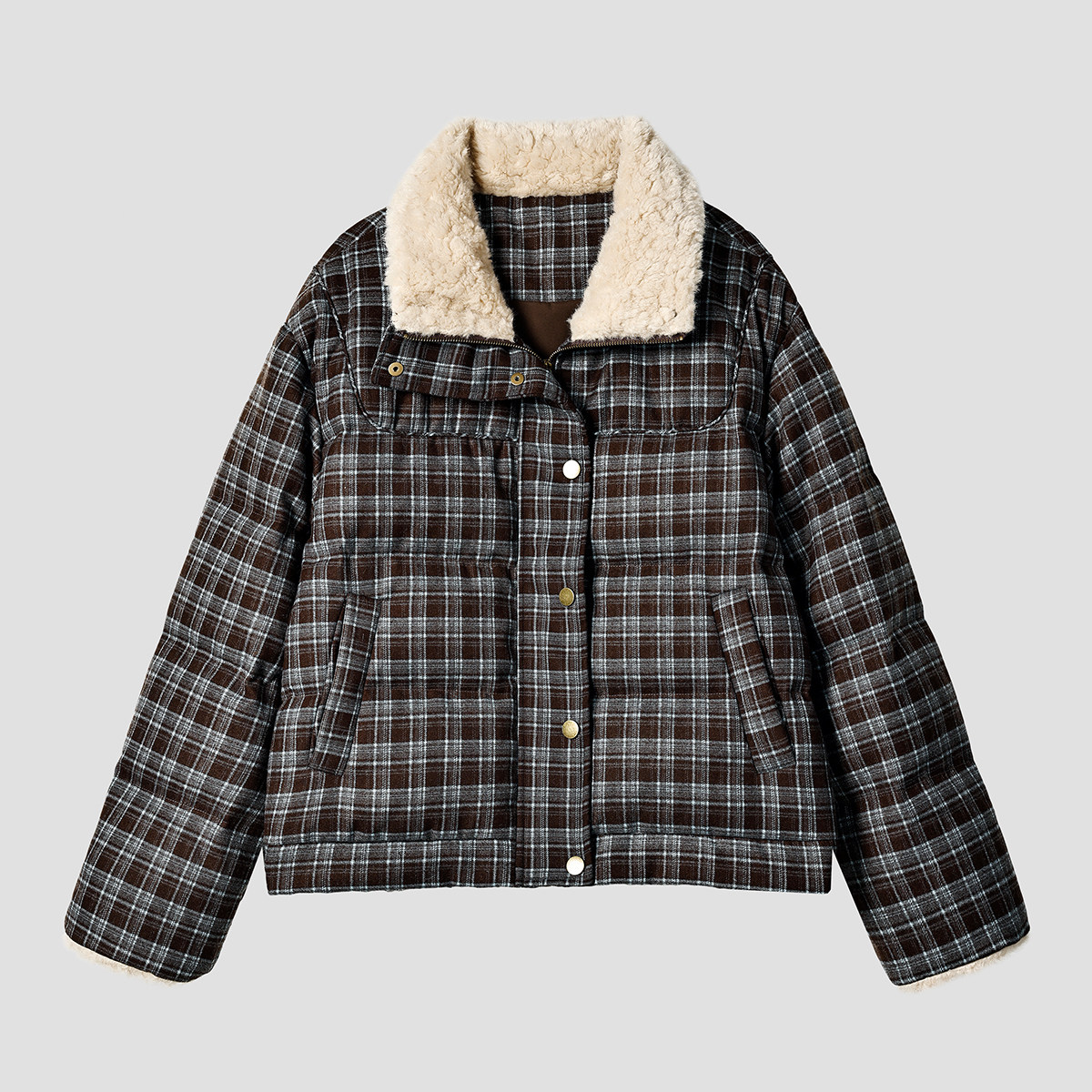 90绒格纹羽绒服女厚款面包服冬季保暖廓形宽松女士羽绒外套夹克图片