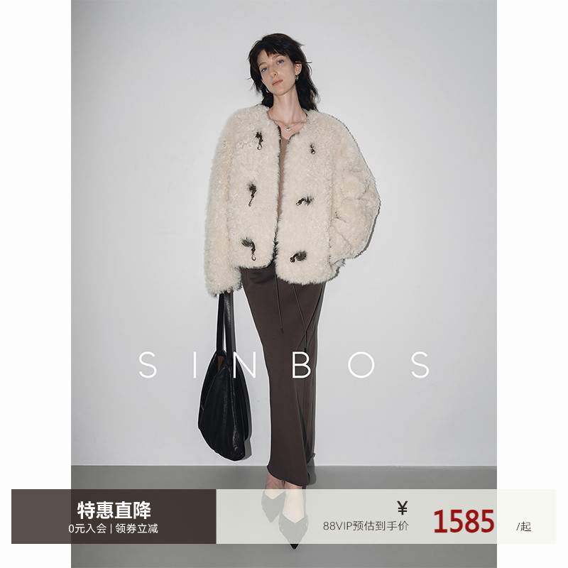SINBOS寸玉 西班牙进口托斯卡纳皮毛一体女圆领落肩卷毛皮草外套
