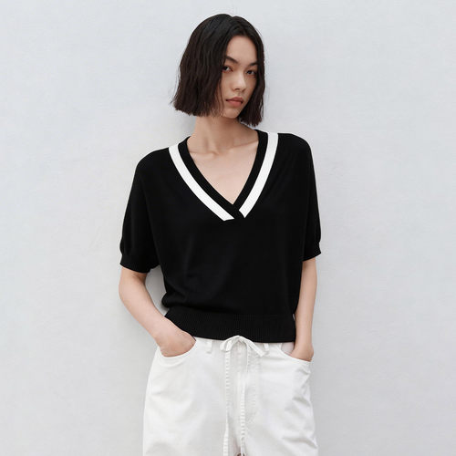 【含桑蚕丝含莱赛尔】夏季时尚气质撞色条纹V领蝙蝠衫针织衫女