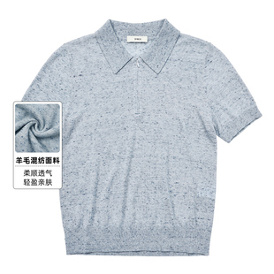 羊毛混纺针织衫女Polo领短袖秋季休闲混色气质女士针织T恤