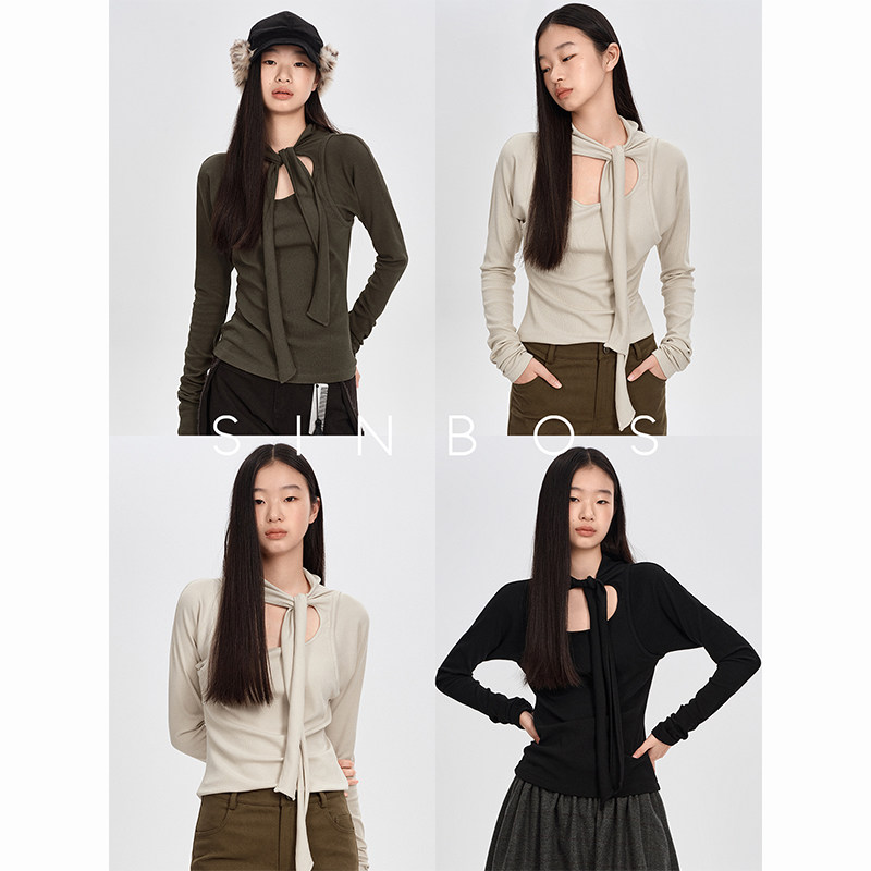 SINBOS阡陌 环保纤维棉感弹力面料拼接风假两件绑带设计针织衫女图片
