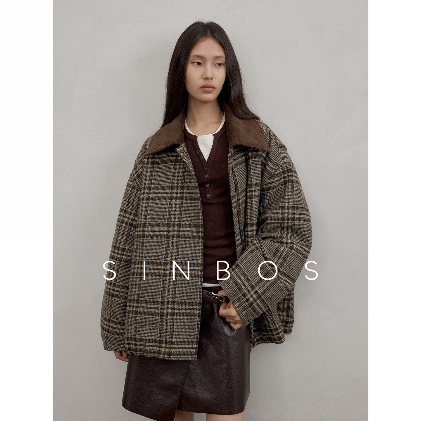 SINBOS圣特罗佩 复古千鸟格灯芯绒中长款羊毛外套女2025秋季新款图片