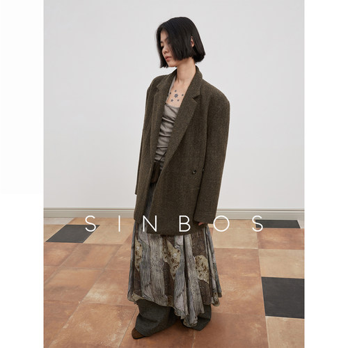 SINBOS巴黎诗集 绵羊毛混色毛呢大衣女宽松西装外套2025秋冬新款