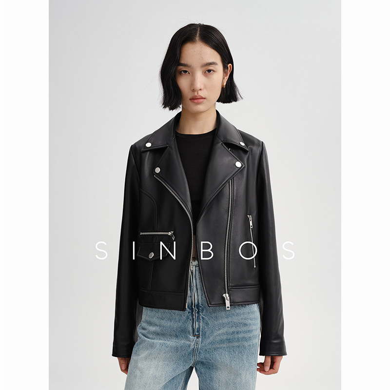 SINBOS机车皮衣女真皮短款夹克图片