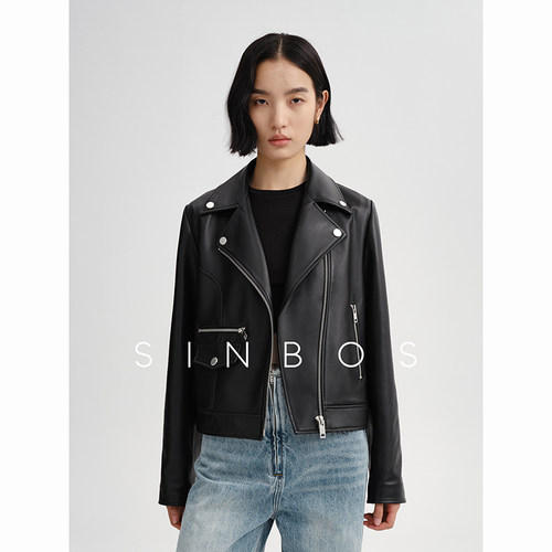 SINBOS机车皮衣女真皮短款夹克