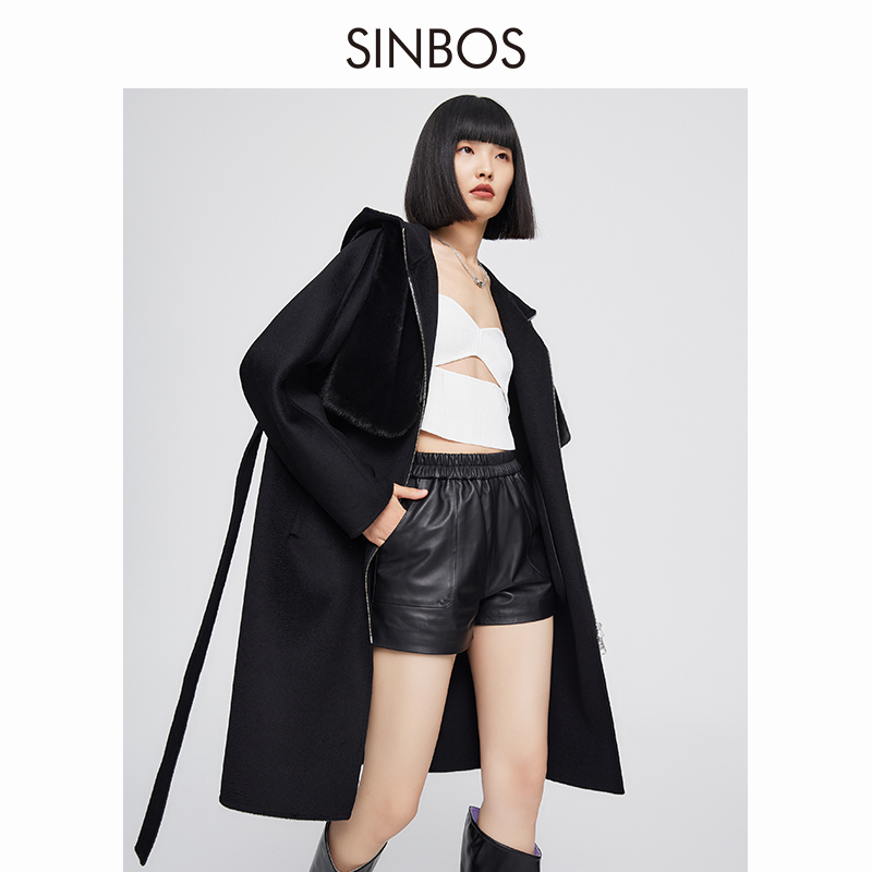 SINBOS水波紋大衣女冬季加厚羊絨拼接水貂皮草雙面呢長款休閑外套