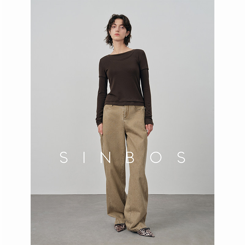 SINBOS暮声独白 水洗做旧复古牛仔裤女秋季新款中腰直筒长裤子图片