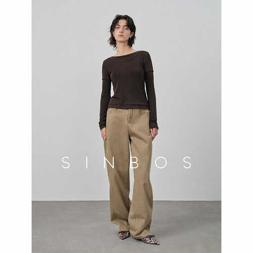 SINBOS暮声独白 水洗做旧复古牛仔裤女秋季新款中腰直筒长裤子