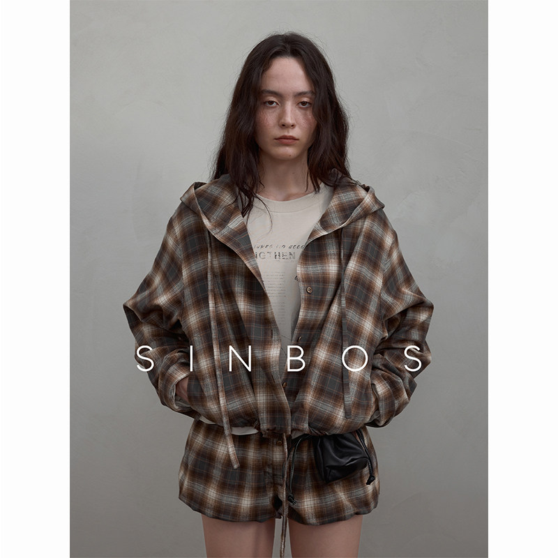 SINBOS松弛边缘 松弛感纯棉连帽格纹衬衫&短裤套装女2025秋季新款图片
