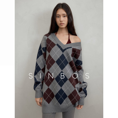 SINBOS剑桥日记 miu系撞色英伦学院风菱形格纹毛衣女2025秋季新款