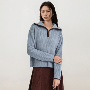 卡迪斯湾 慵懒风针织衫女含羊毛秋季半开领女士针织毛衣外套