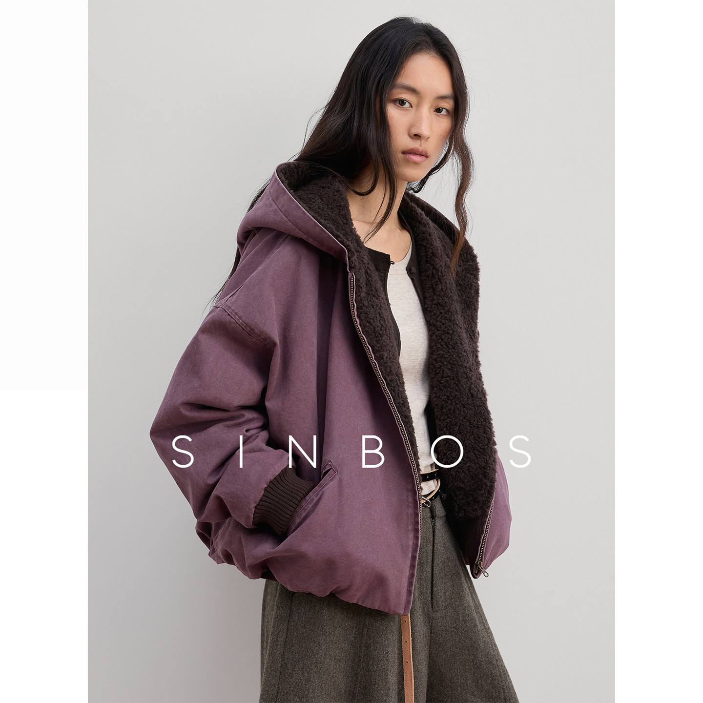 SINBOS风雪旧迹 连帽廓形羊剪绒羊毛皮草派克外套女2025冬季新款图片