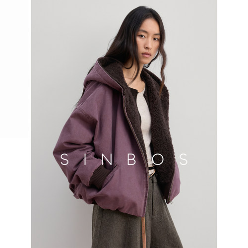 SINBOS风雪旧迹 连帽廓形羊剪绒羊毛皮草派克外套女2025冬季新款