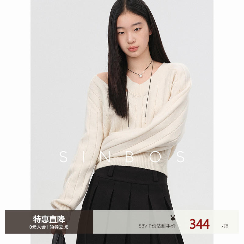 SINBOS白芷 别致单肩开口针织衫纯羊毛精纺打底衫女2025秋季新款