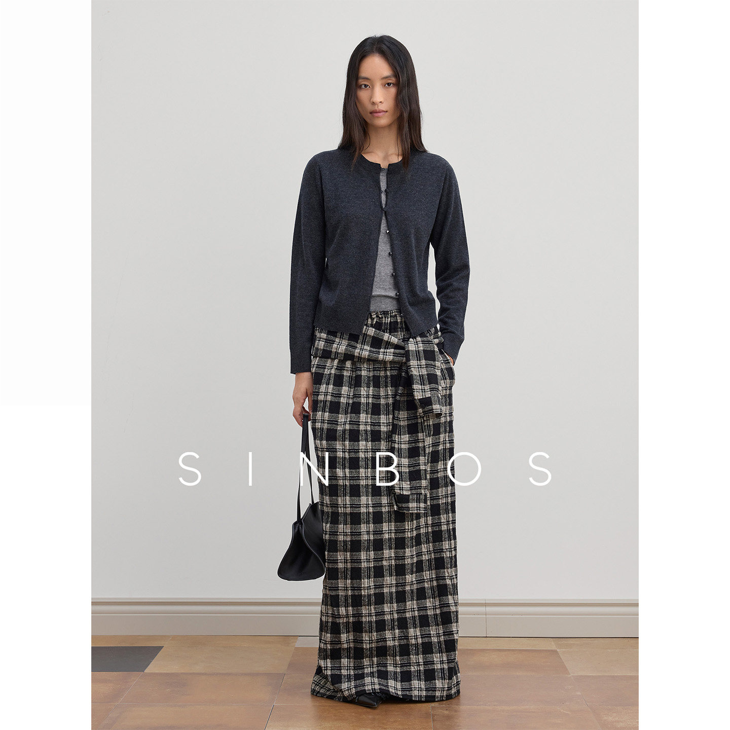 SINBOS月光舒曼 格纹复古摩登褶皱直筒长款羊毛半裙女25冬季新款图片