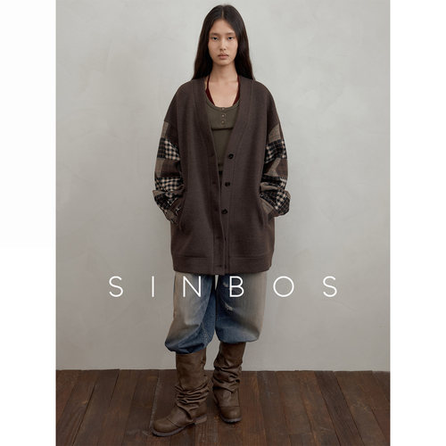 SINBOS林雾调 磨毛无缝拼接菠萝纹V领宽松女针织开衫2025秋季新款