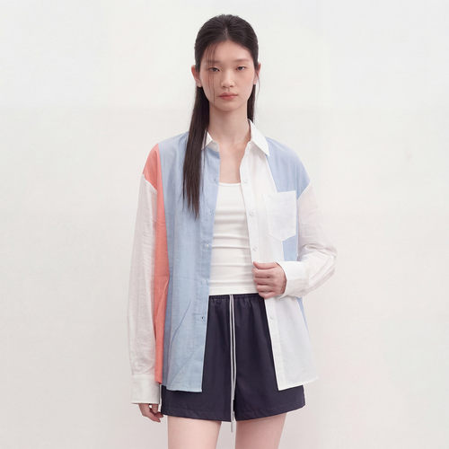 衬衫女夏季设计感拼接拼色长袖小众休闲长袖衬衣