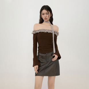 淑女风女士针织衫秋季花边一字领设计感长袖优雅简约针织T恤衫女