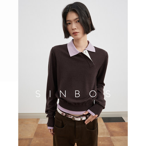 SINBOS留兰黑咖 miu系撞色慵懒亨利斜领绵羊毛针织衫女25秋冬新款