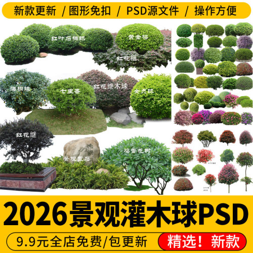 园林景观灌木球ps效果图后期素材球形植物红叶石楠黄杨女贞海桐球