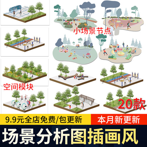 插画风PS公园空间小场景活动休憩绿化娱乐健身模块分析图psd素材