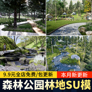 森林郊野公园林地溪涧景观生态树林野趣丛林山地溪流林间su模型