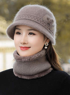 优选中老年帽女秋冬兔毛针织盆帽冬季老人妈妈帽老太太帽围脖套装