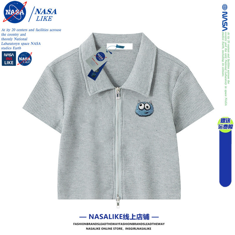NASA联名卡通短款正肩开衫拉链华夫格女夏季显瘦短袖T恤POLO上衣图片