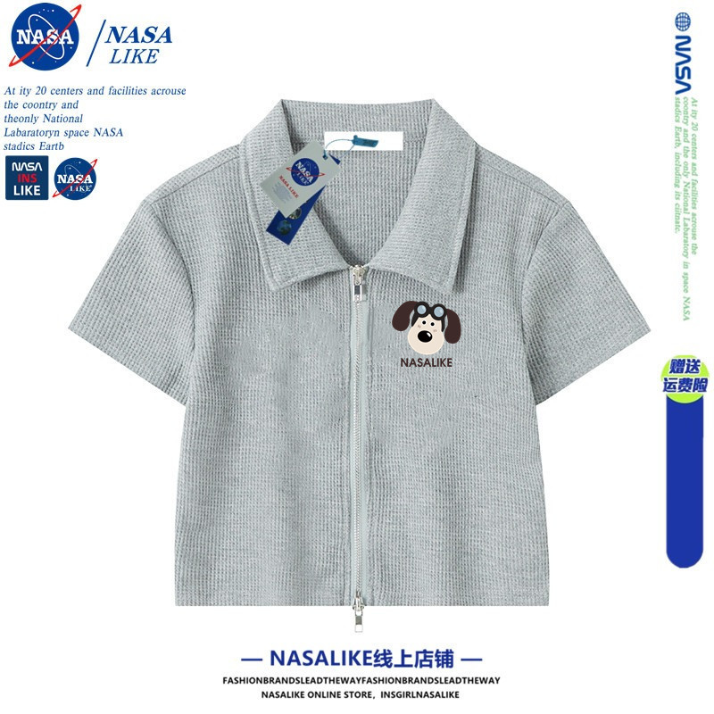 NASA飞行员小狗短款正肩开衫华夫格女纯夏季T恤POLO领衫显瘦上衣