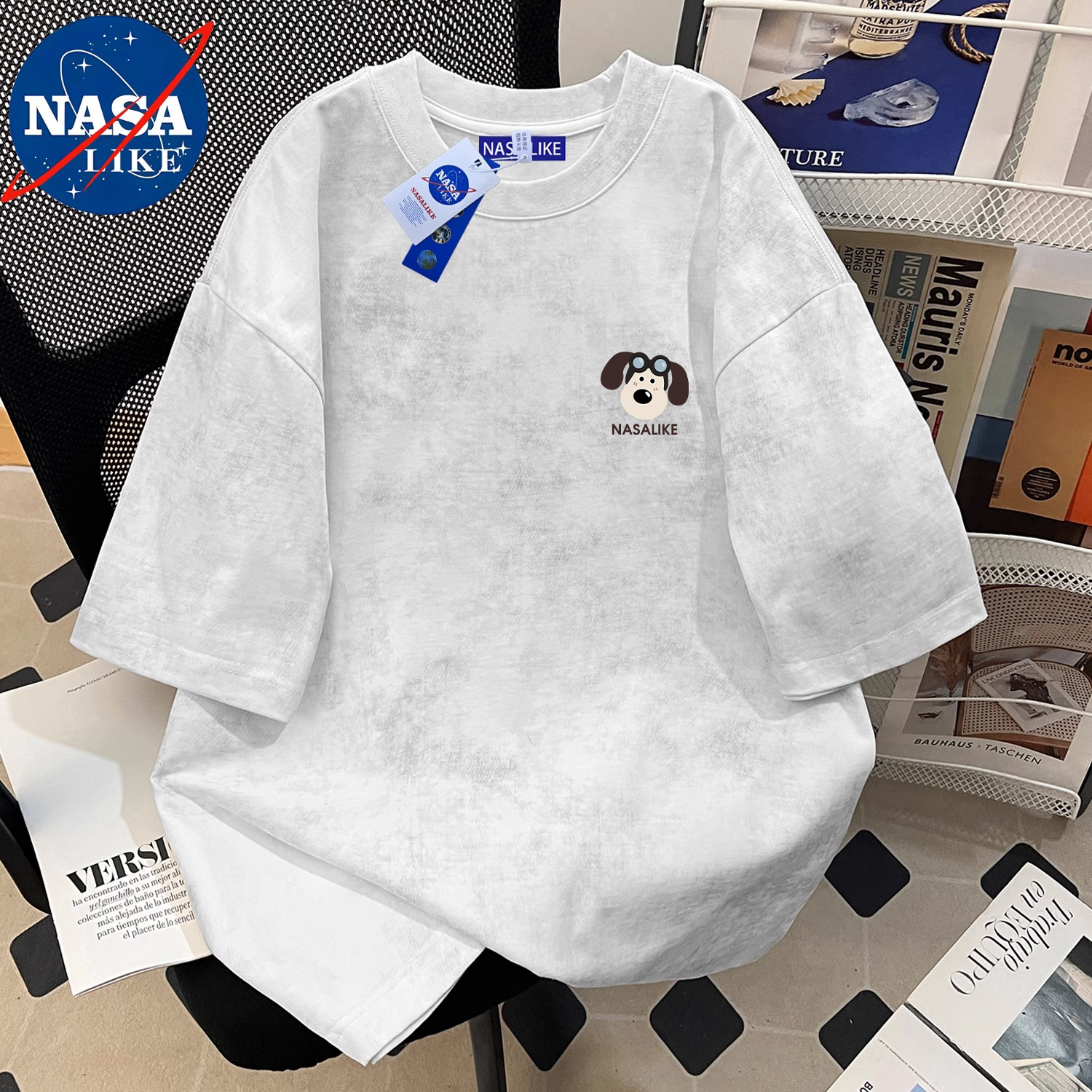 NASA联名重磅纯棉蜡染短袖T恤男夏季2025新款复古潮牌五分袖上衣