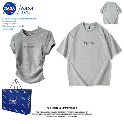 NASA情侣装纯棉短袖t恤男女款春夏2025新款宽松短款正肩辣妹上衣