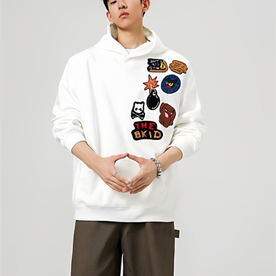 加绒刺绣国潮连帽秋冬季2025新款卫衣男款宽松套头带帽情侣装上衣