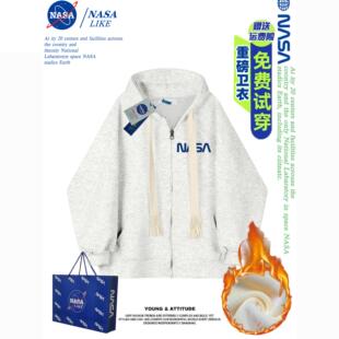 NASA加绒加厚重磅美式开衫拉链连帽卫衣外套秋冬季男女同款情侣装