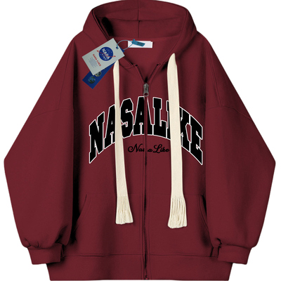 秋冬季外套酒红色开衫拉链卫衣重磅加绒加厚宽松国潮牌男女情侣装