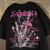 T恤圆领夏季 100%纯棉美式 十字架剑印花短袖 宽松百搭休闲男女上衣