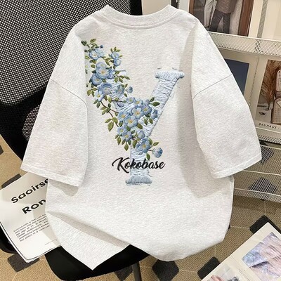 100%纯棉新款蓝花Y字母印花短袖T恤圆领夏季宽松百搭休闲男女上衣